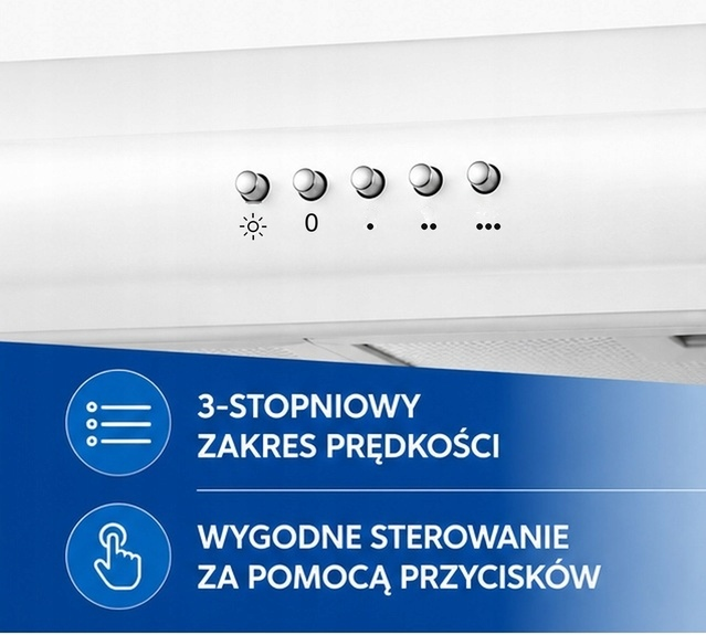 Biały okap kuchenny z pięcioma srebrnymi przyciskami i polskim tekstem promocyjnym na niebieskim tle.