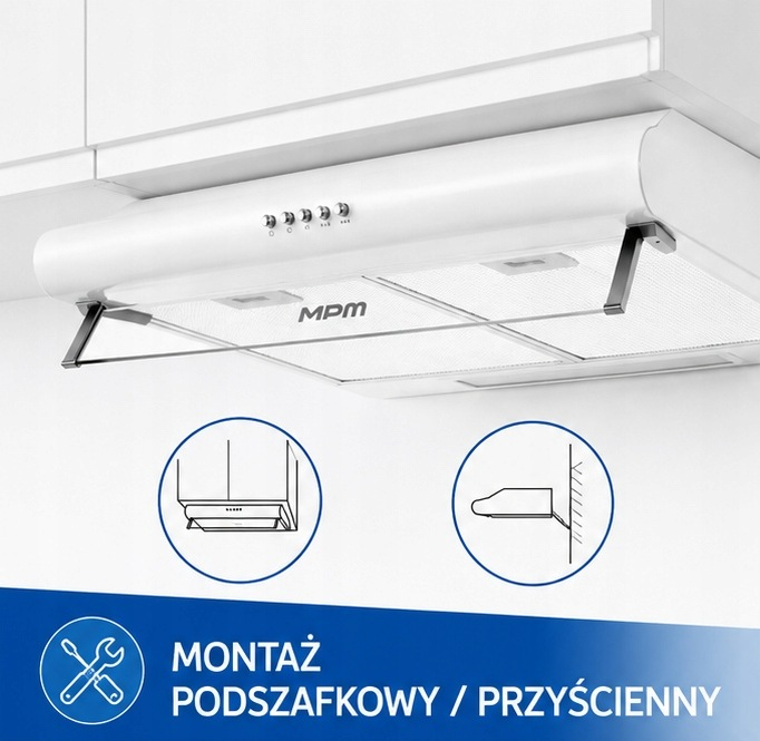 Biały okap podszafkowy MPM ze szklanym wizjerem, przyciskami i dwoma ikonami.