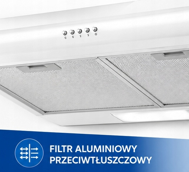 Widok od dołu białego okapu kuchennego z aluminiowymi filtrami przeciwtłuszczowymi.