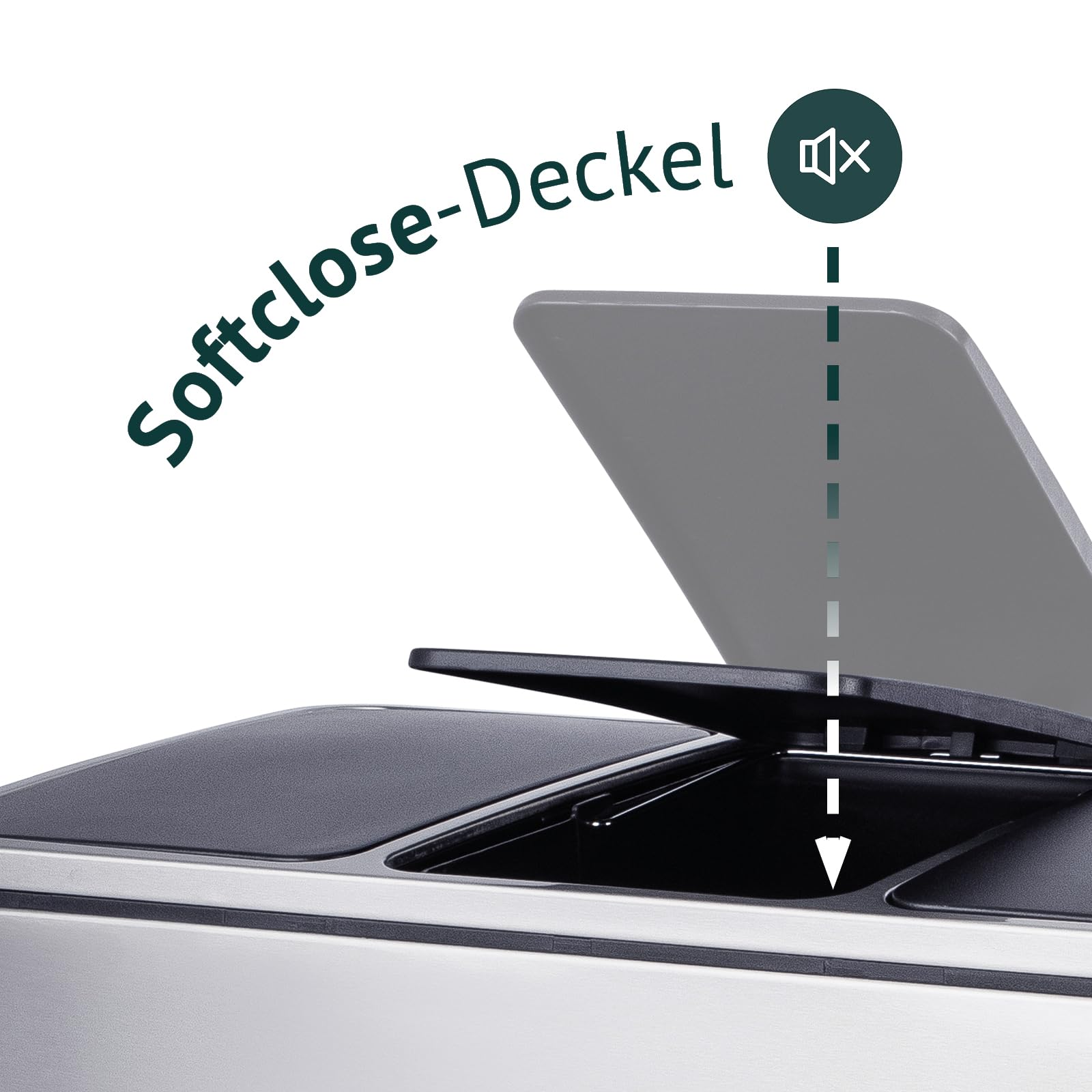 Ein Softclose-Deckel schließt leise und automatisch auf einem Mülleimer mit mehreren Fächern.