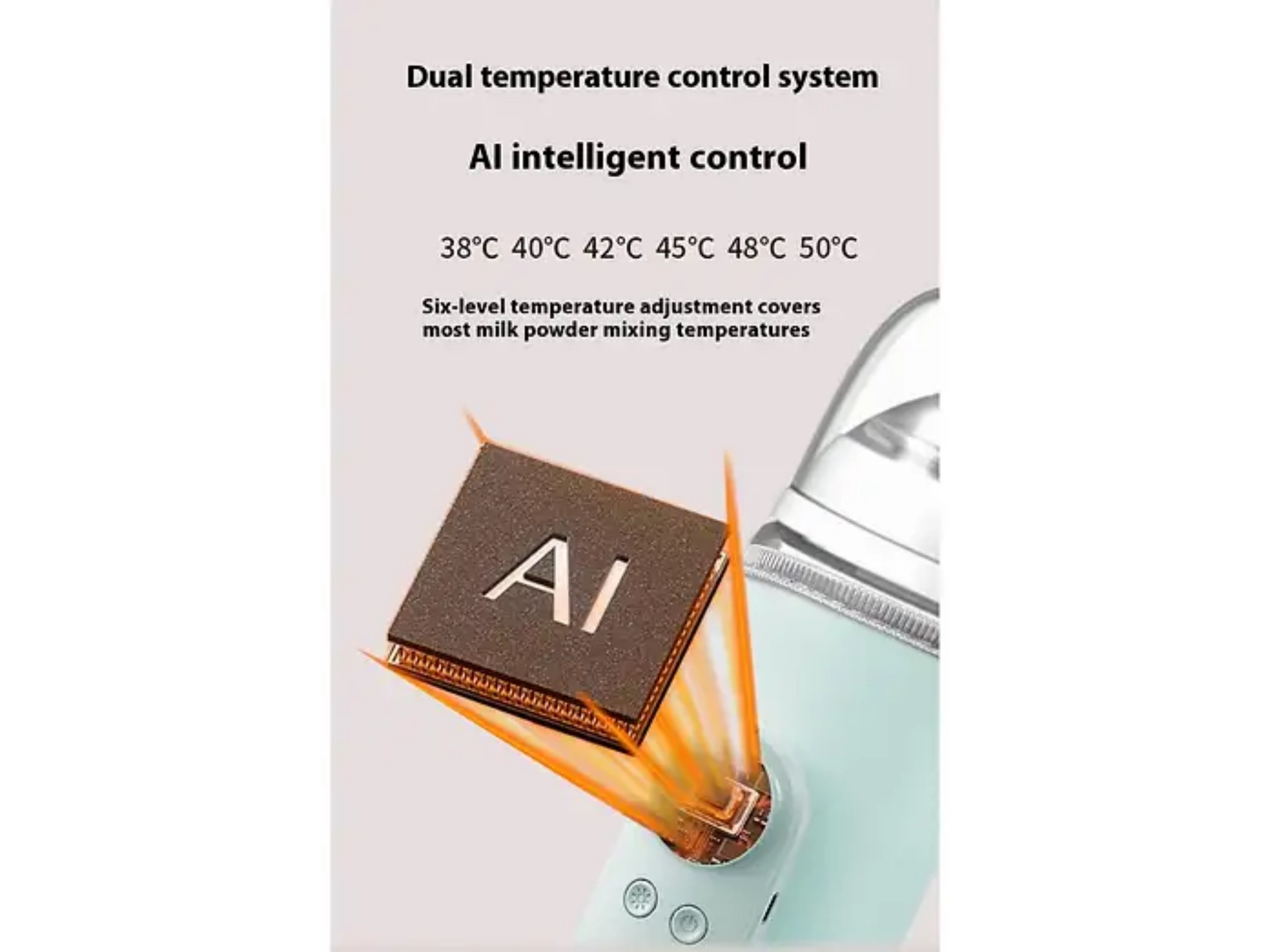 Intelligente KI-Temperaturregelung für Flaschen mit sechs Einstellungen von 38°C bis 50°C.