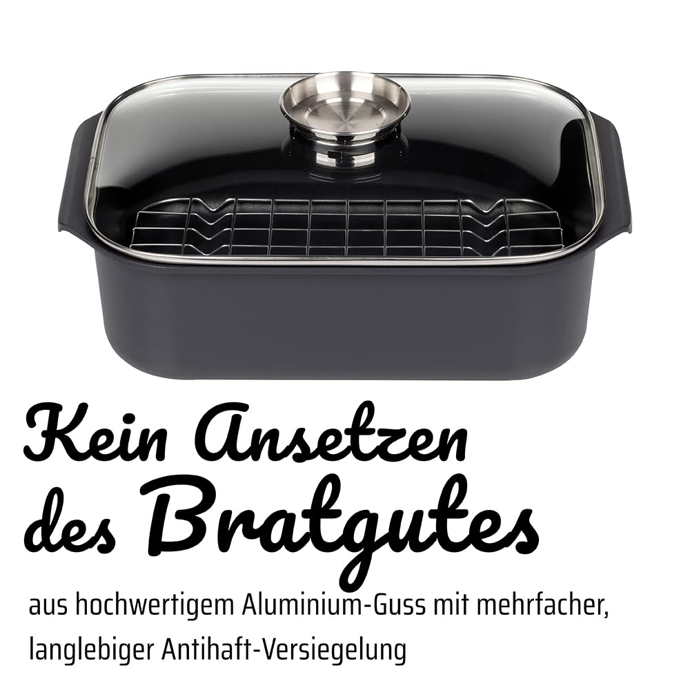 Ein schwarzer rechteckiger Bräter mit Glasdeckel und deutschem Werbetext auf weißem Hintergrund.