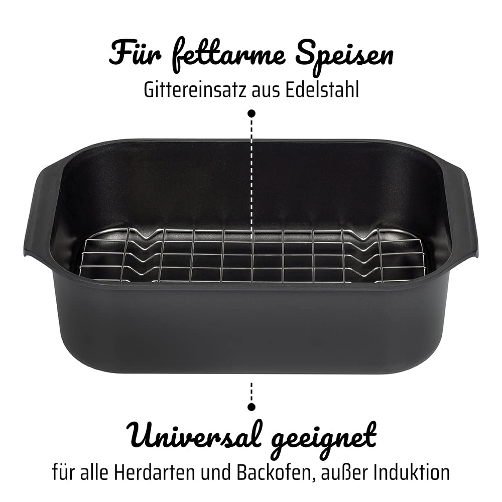 Ein schwarzer Bräter mit Edelstahl-Gittereinsatz vor weißem Hintergrund.