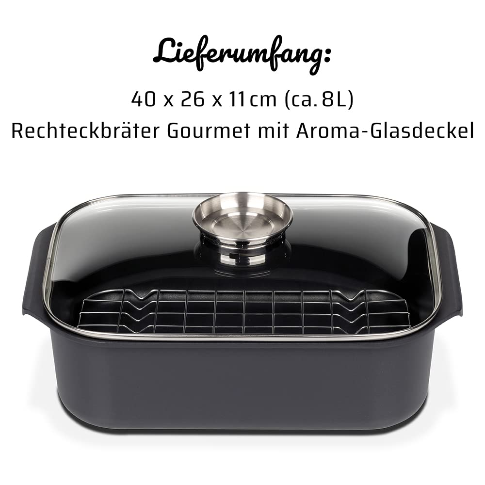 Schwarzer Rechteckbräter mit Glasdeckel und Metalleinsatz.