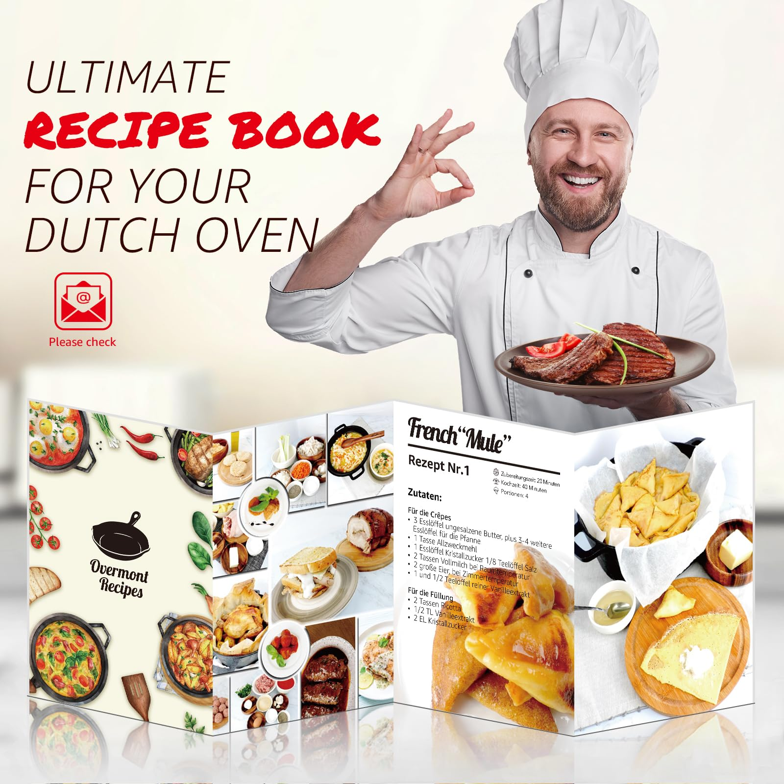 Un chef souriant en uniforme blanc tient une assiette de viande et fait un signe ok au-dessus d'un livre de recettes.