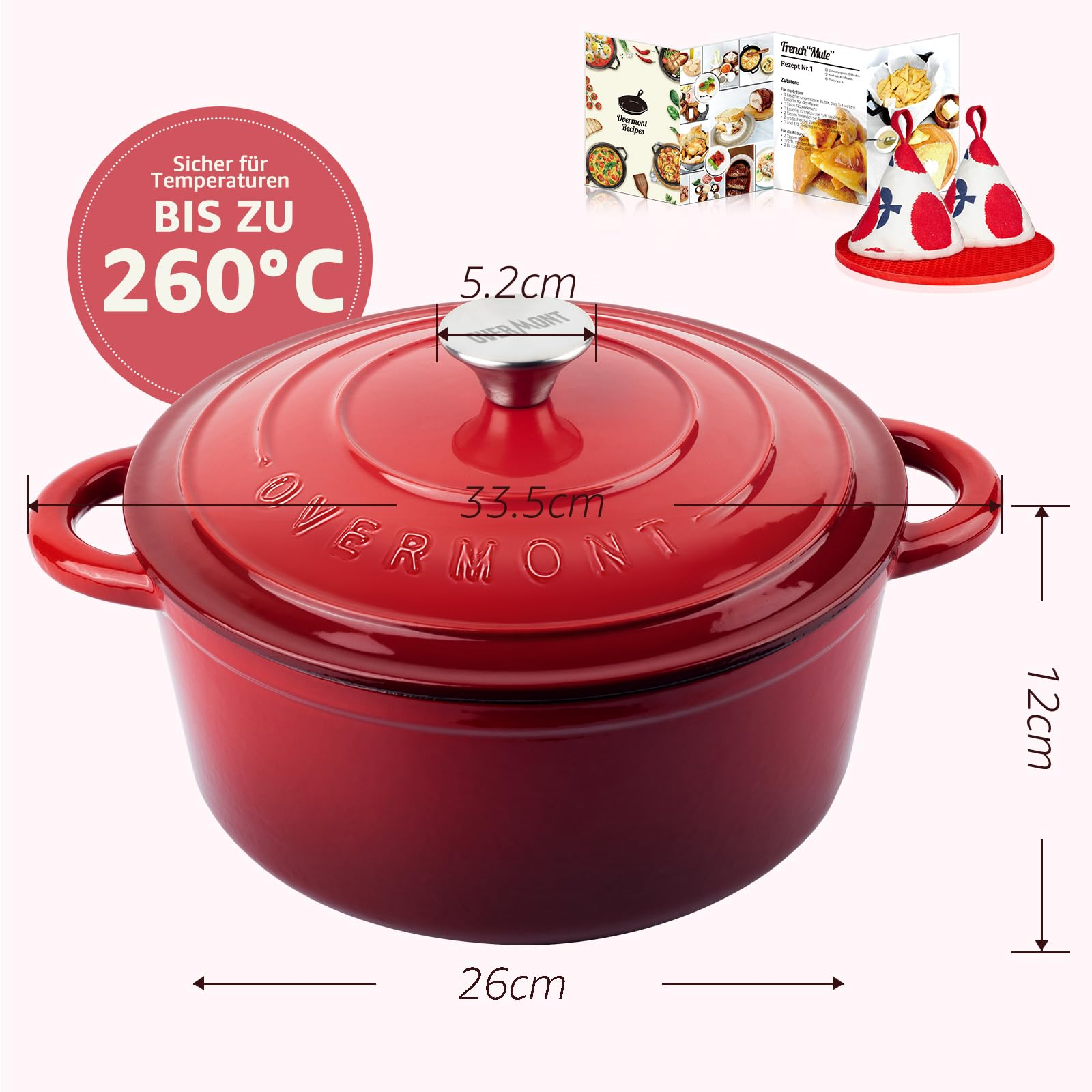 Une cocotte en fonte rouge avec couvercle et dimensions, accompagnée d'un livre de recettes.