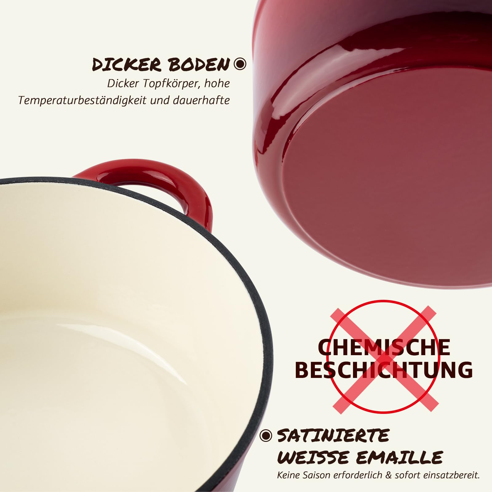 Cocotte en fonte rouge avec fond épais et émail blanc, texte en allemand et symboles d'interdiction rouges.