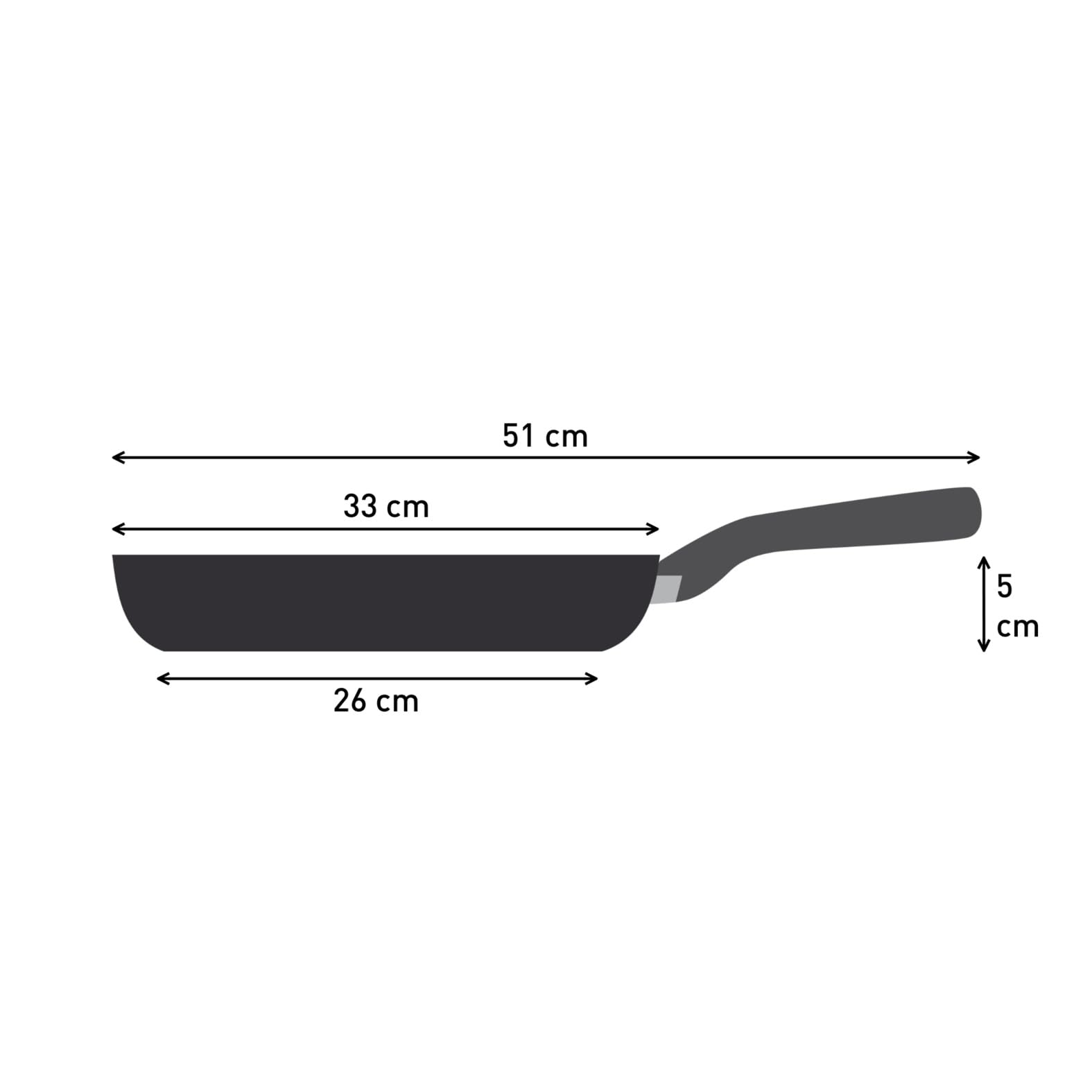 Dessin technique d'une poêle noire avec dimensions : 51 cm de longueur totale, 33 cm de diamètre supérieur, 26 cm en bas, 5 cm de hauteur.