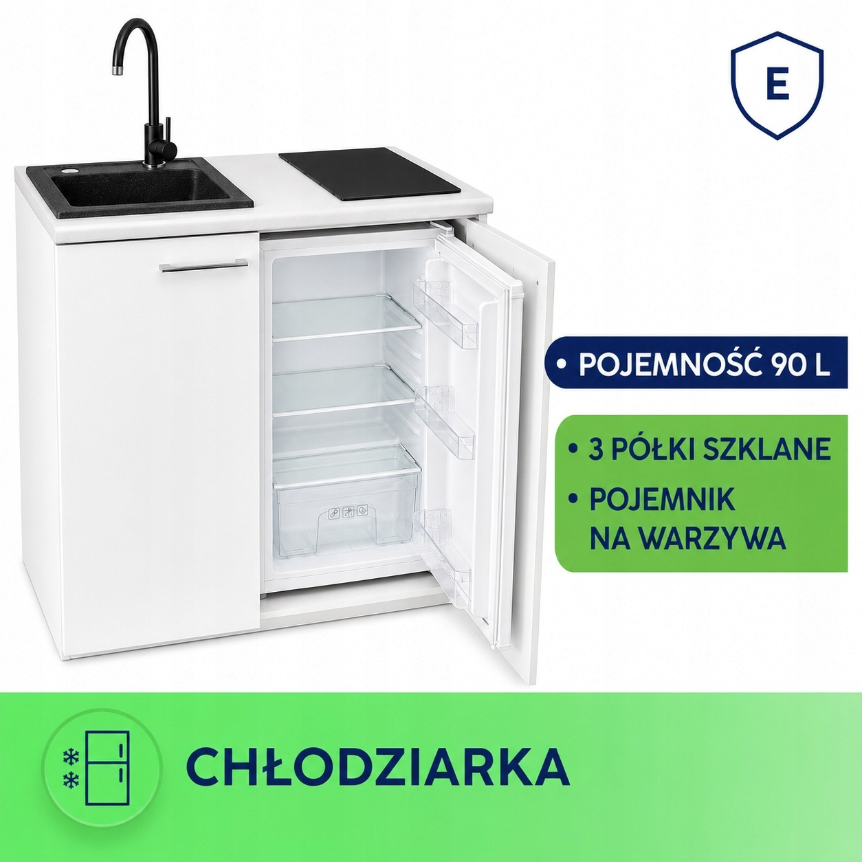 Biały aneks kuchenny z czarnym zlewozmywakiem, krandem i otwartą lodówką z półkami.
