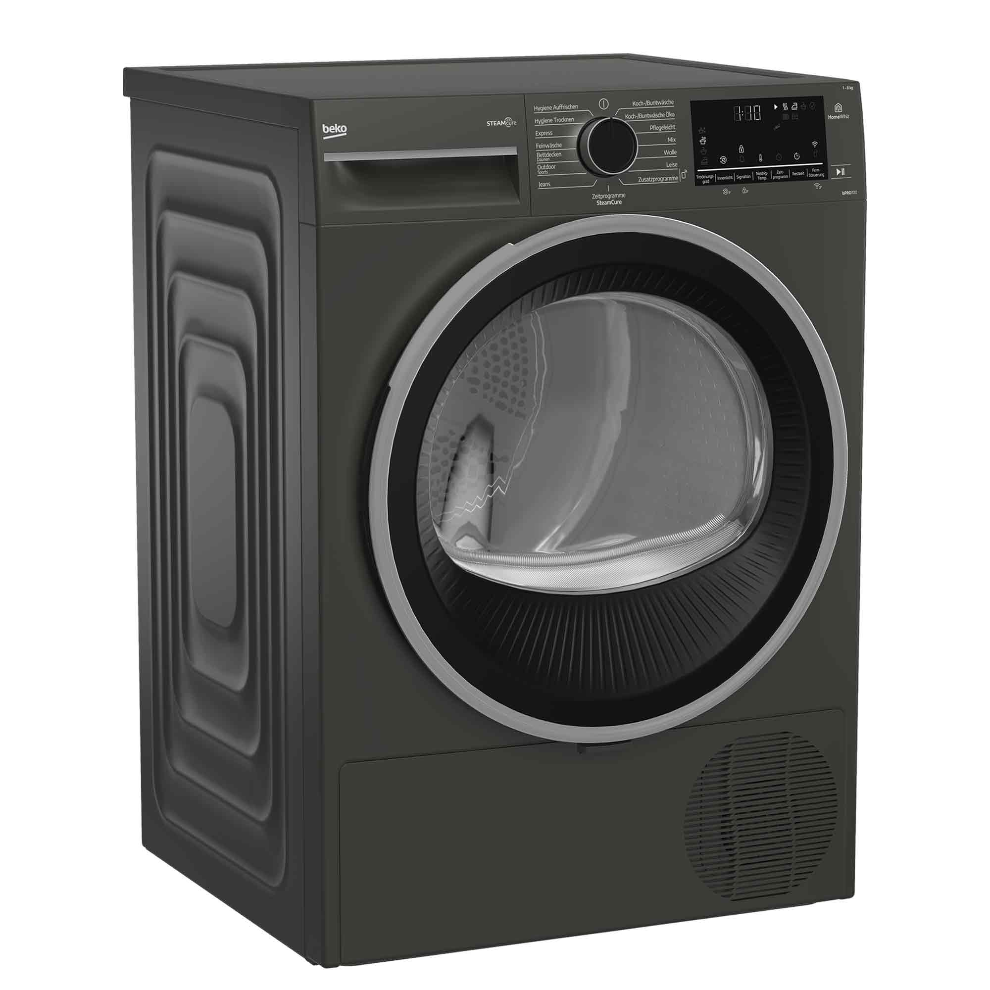 Moderne graue Beko Trocknermaschine mit digitalem Display und grossem Bullauge.