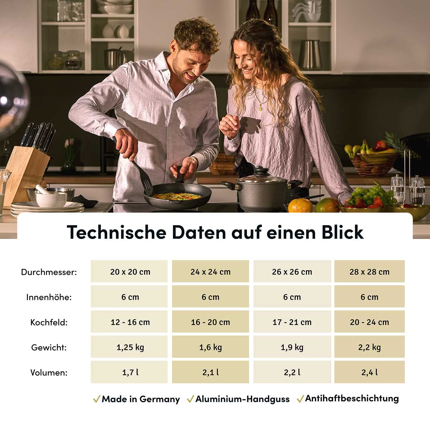 Couple cuisinant ensemble dans une cuisine moderne avec un tableau de données techniques en bas.