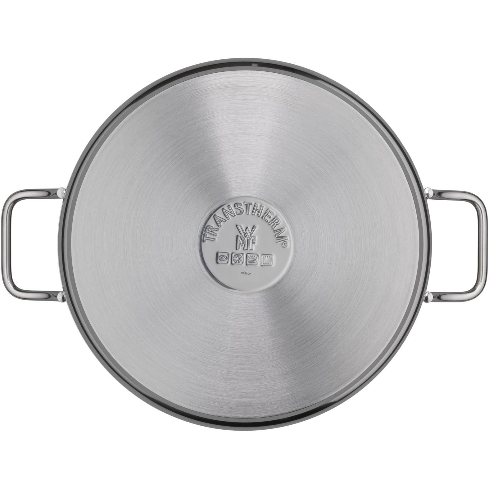 Unterseite eines runden Edelstahltopfs mit zwei Griffen und zentriertem WMF TransTherm Logo.