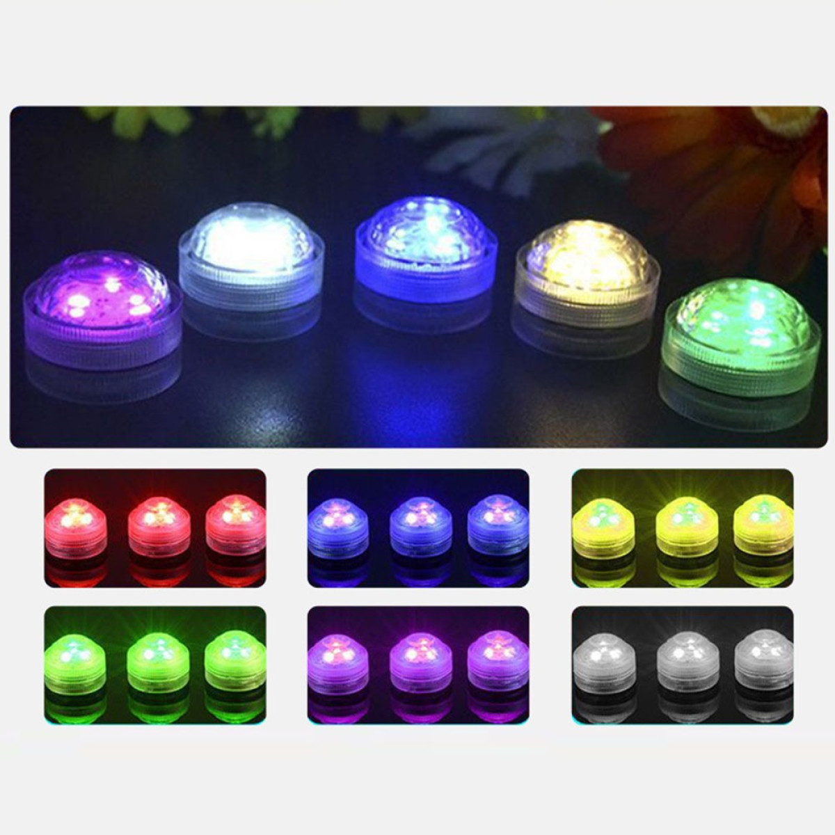 Mehrere kleine, runde LED-Leuchten leuchten in verschiedenen Farben wie Weiß, Blau, Gelb, Grün und Violett auf schwarzem Grund.