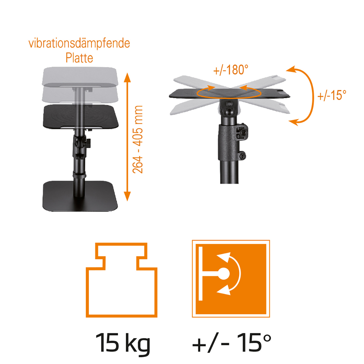 Diagramm zeigt verstellbaren Laptopständer mit Höhen-, Dreh- und Neigungsangaben sowie 15 kg Tragkraft.