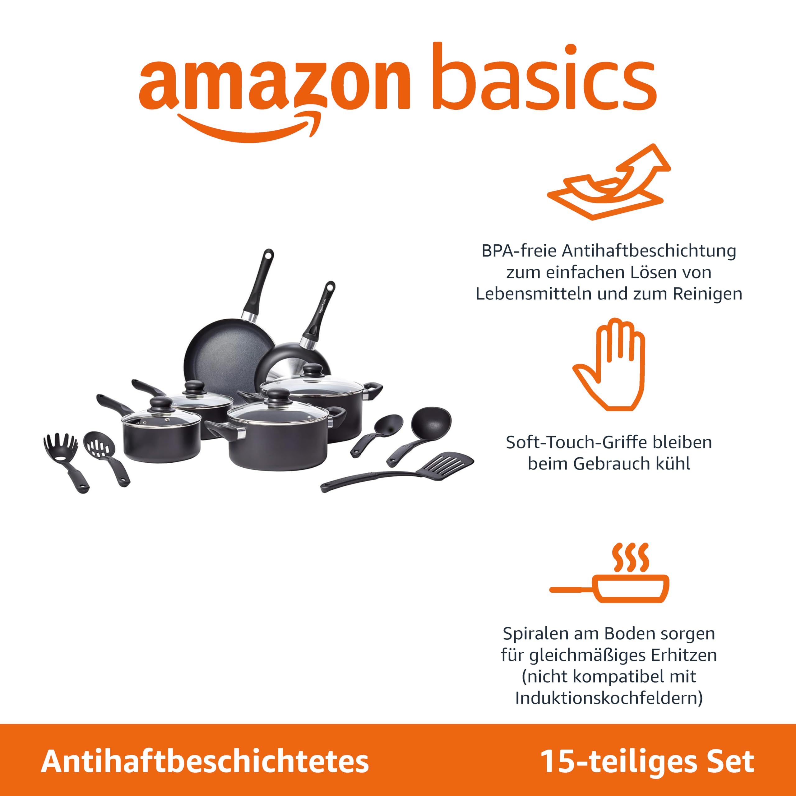 Set di pentole antiaderenti nere da 15 pezzi Amazon Basics con coperchi e utensili su sfondo bianco.
