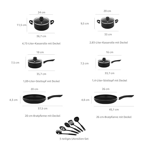 Diagramma che mostra varie pentole, padelle e utensili da cucina neri con dimensioni precise in centimetri.