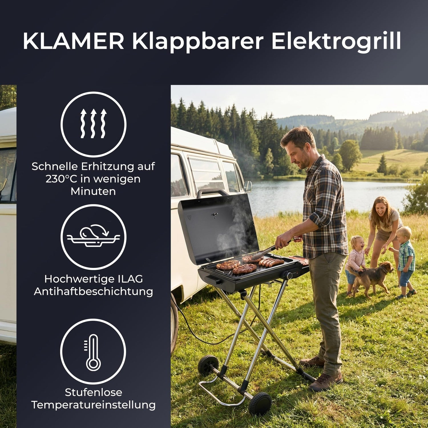 Ein Mann grillt vor einem Wohnmobil, während eine Familie zusieht.