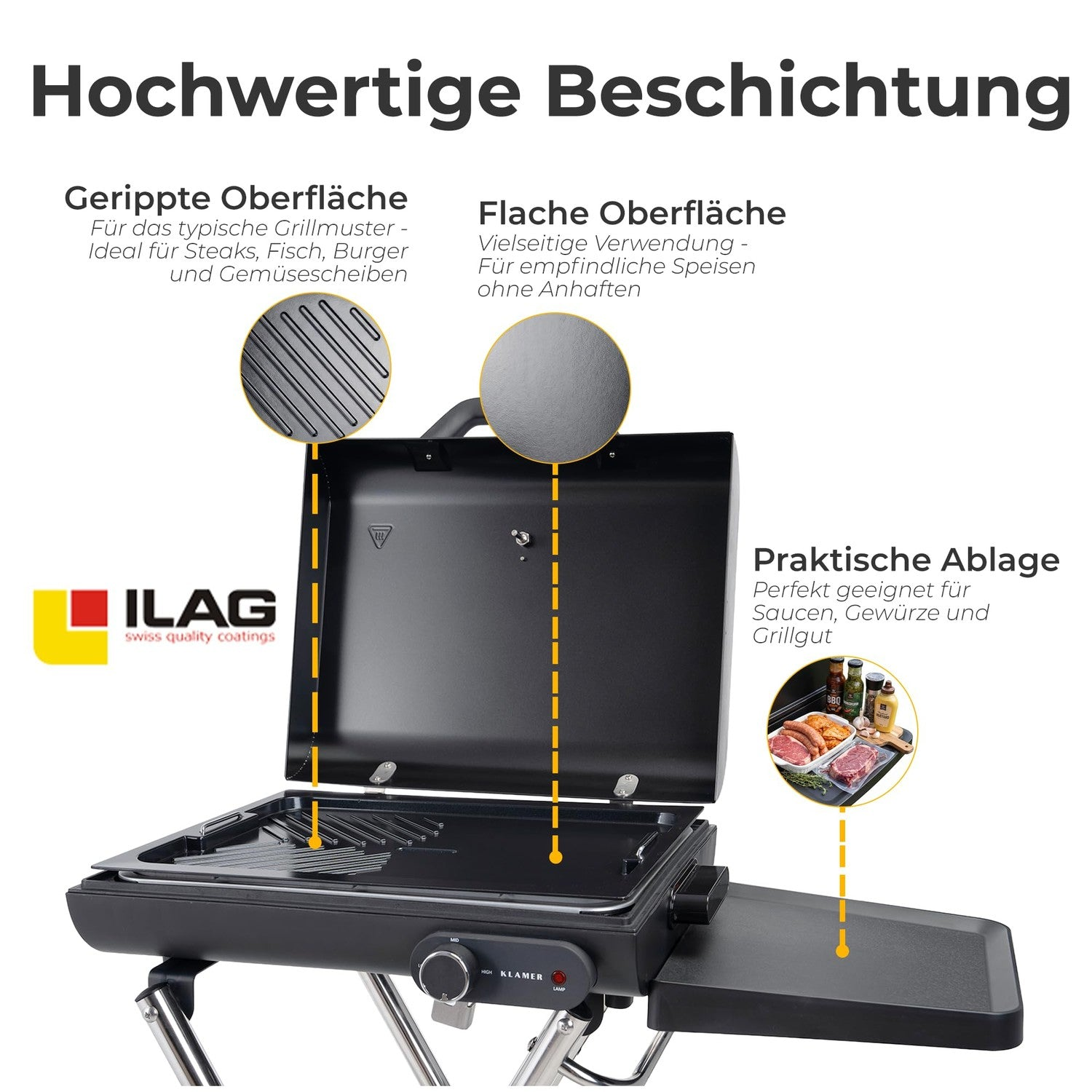 Elektrischer Standgrill mit gerippter und glatter Platte sowie praktischer Ablage.