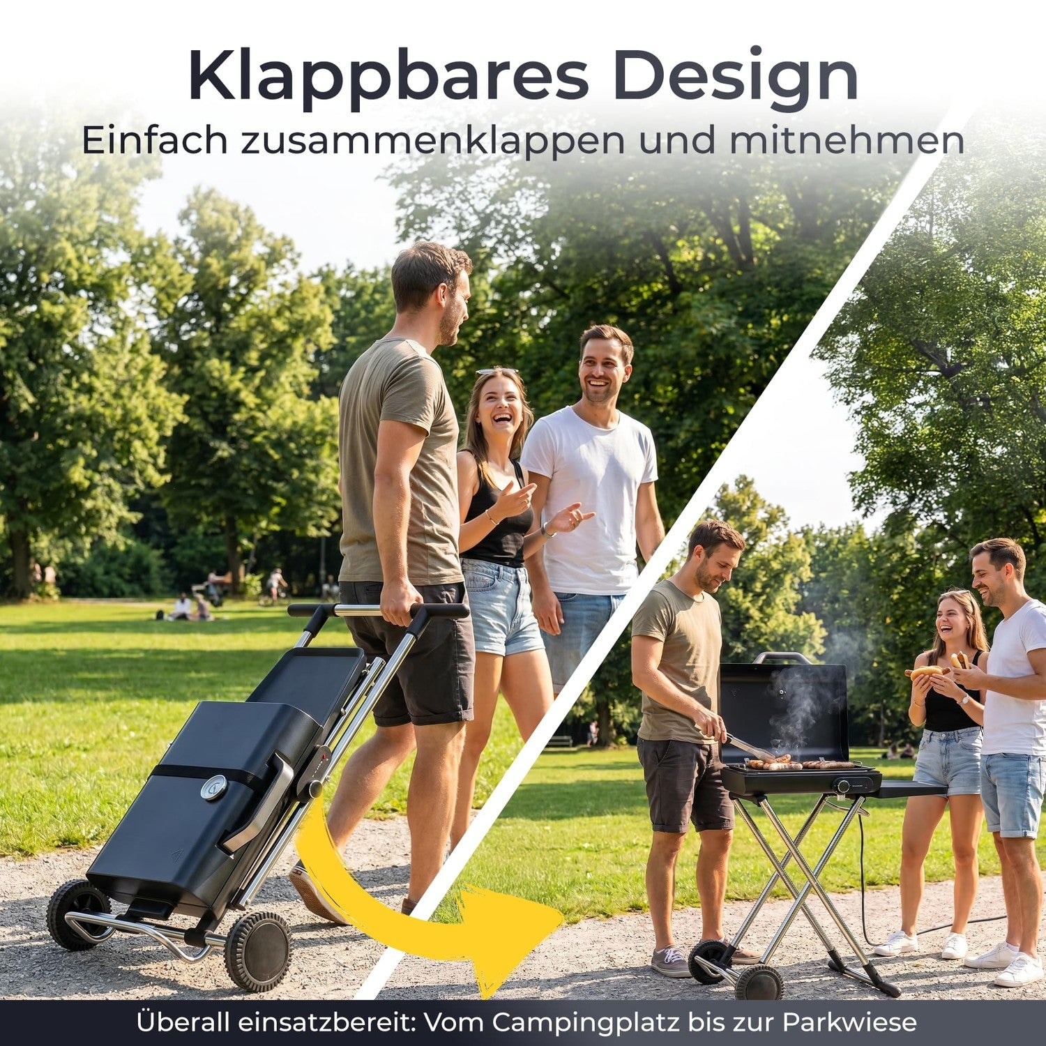 Ein tragbarer Grill wird im Park aufgebaut, während eine Gruppe junger Leute lacht.
