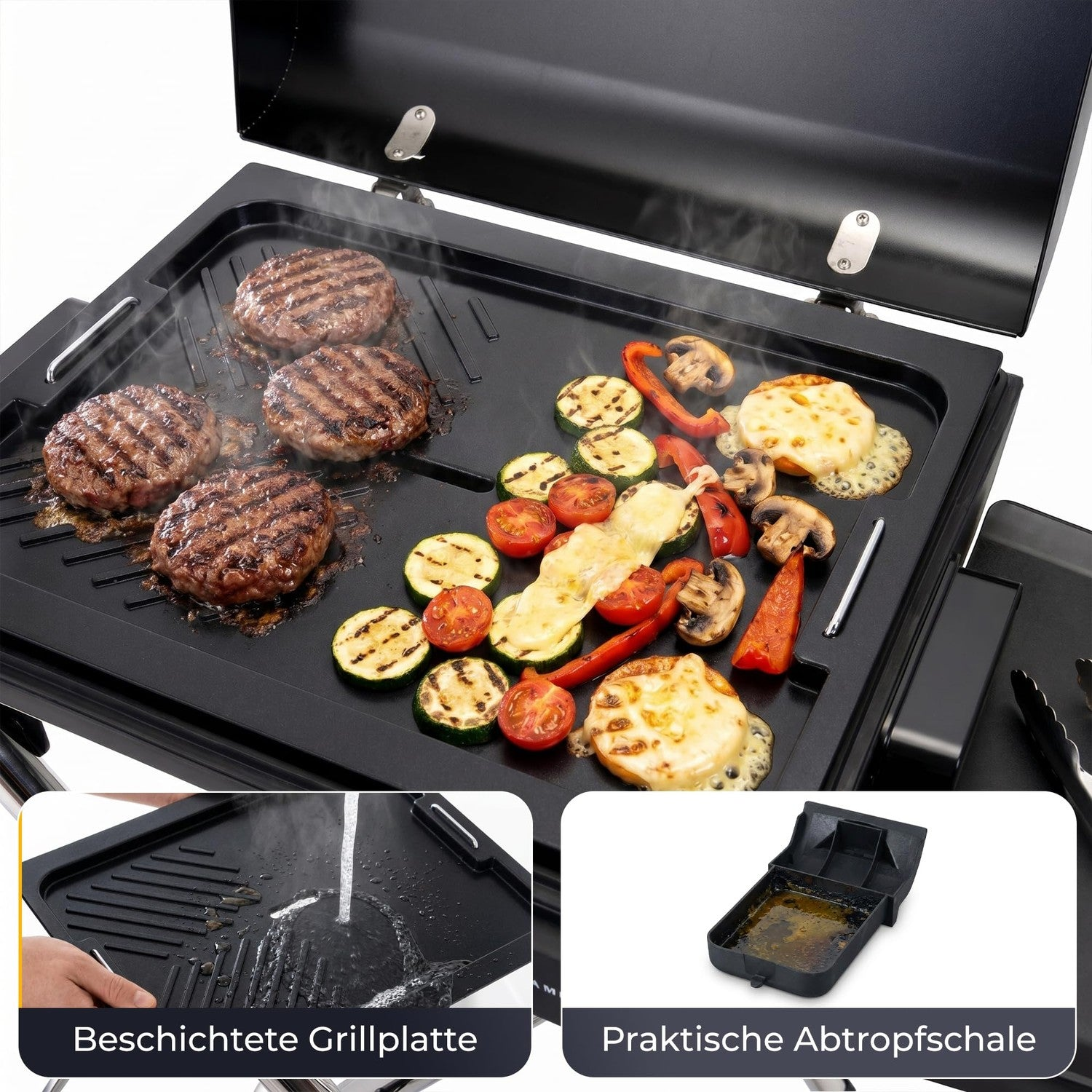 Grillplatte mit Hamburgern, Gemüse, geschmolzenem Käse und zwei Inset-Fotos, die Reinigung und Auffangschale zeigen.