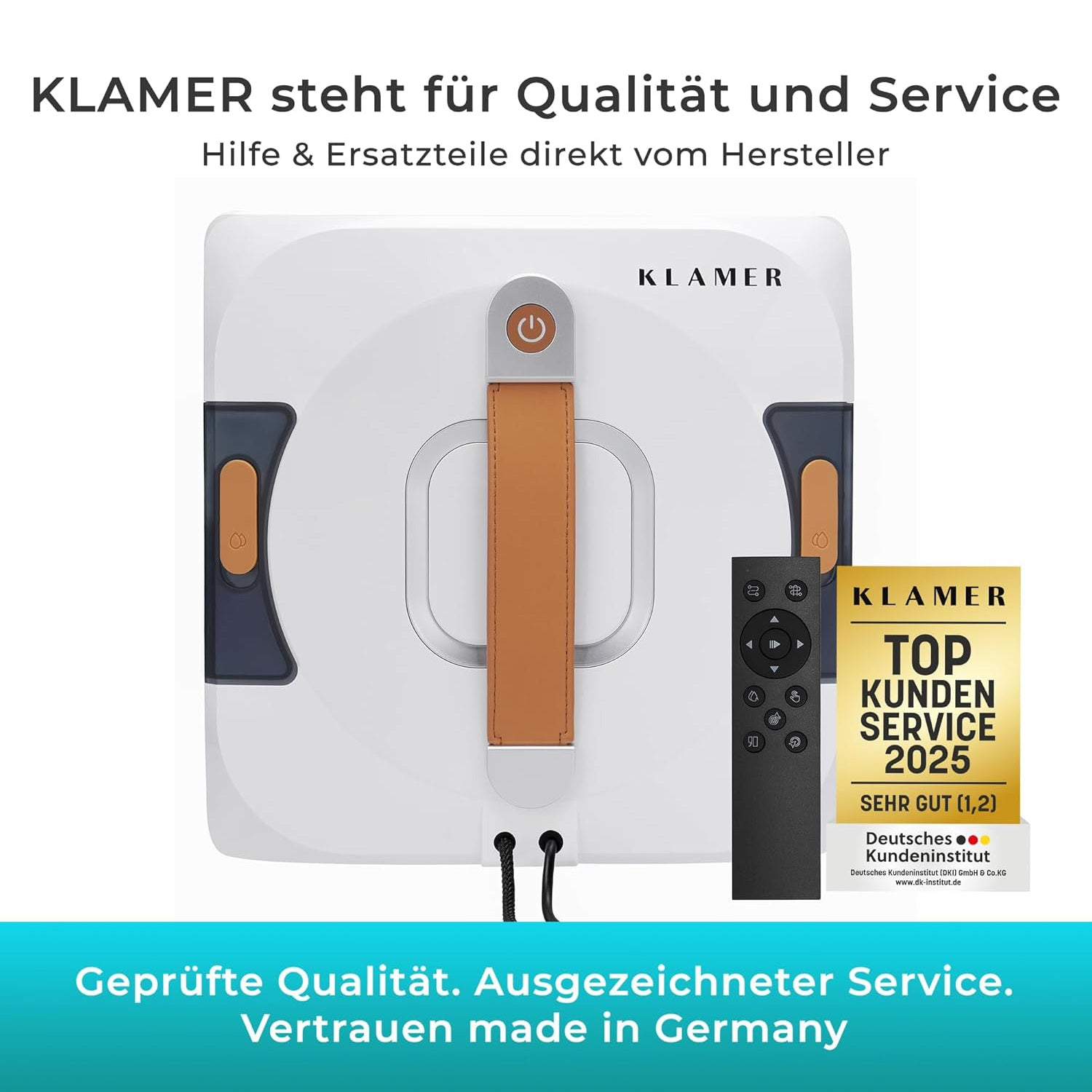 Weißer Klamer Fensterputzroboter mit braunem Griff, Fernbedienung und Service-Auszeichnung 2025.