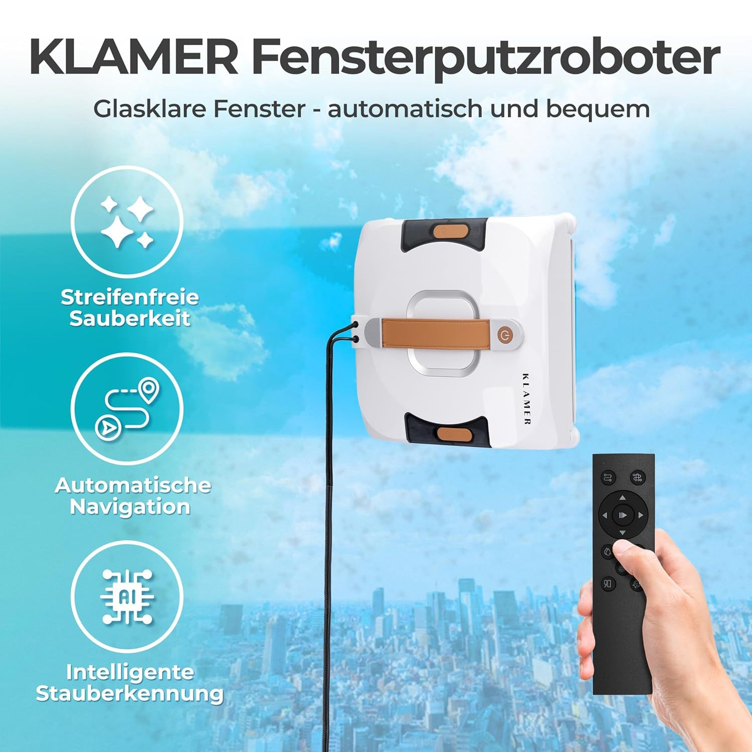 Klamer Fensterputzroboter mit Fernbedienung vor blauem Himmel und Stadtblick.