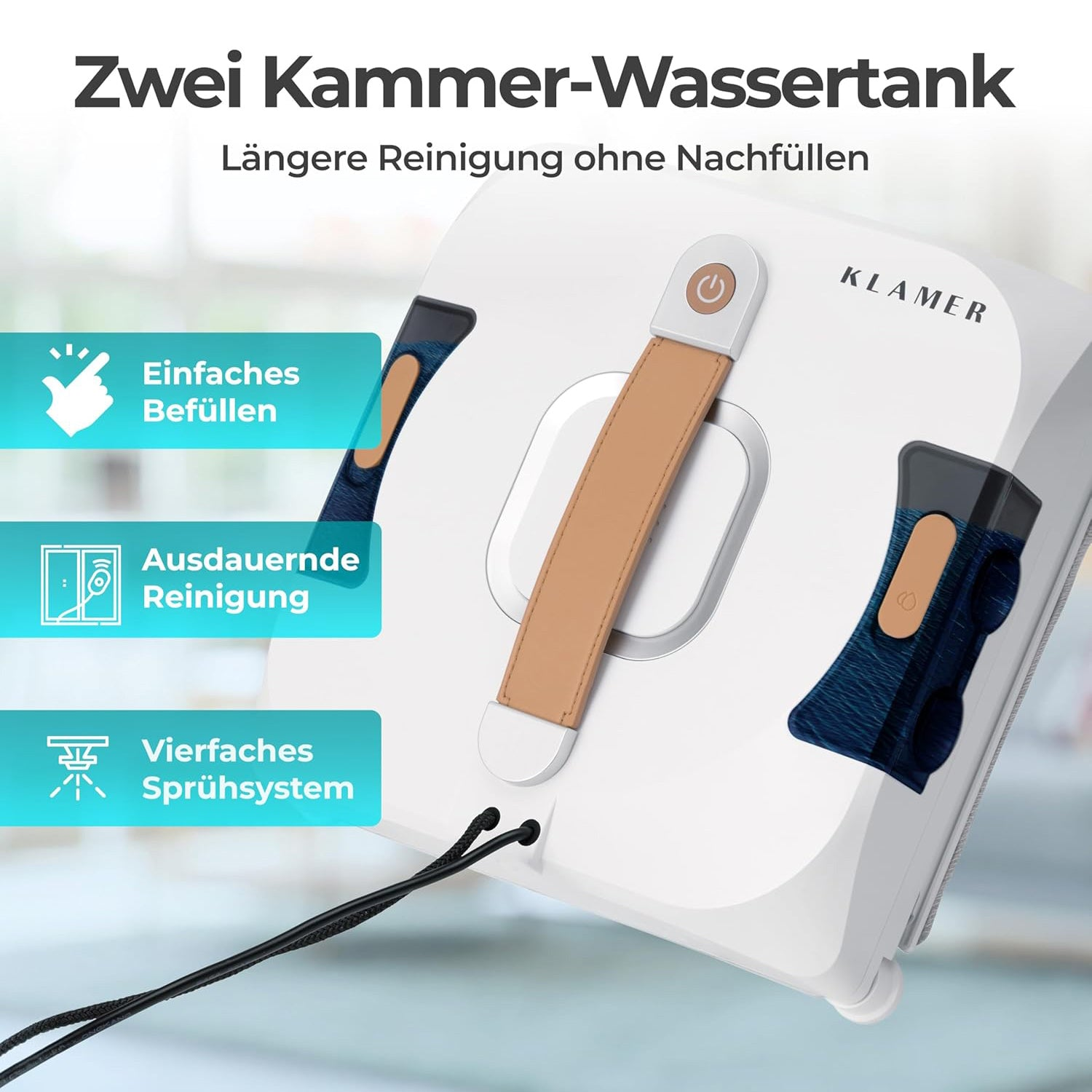 Weißer Fensterputzroboter mit braunem Griff und blauen Akzenten, daneben Textboxen mit Produktmerkmalen.