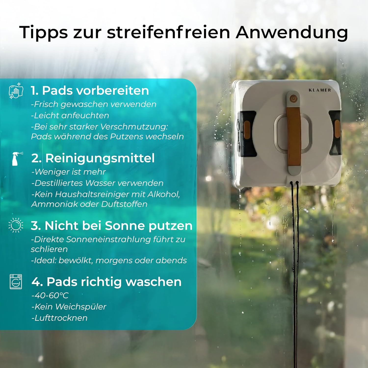 Anleitung für streifenfreies Fensterputzen mit einem weißen Fenstersauger und Tipps in deutscher Sprache.