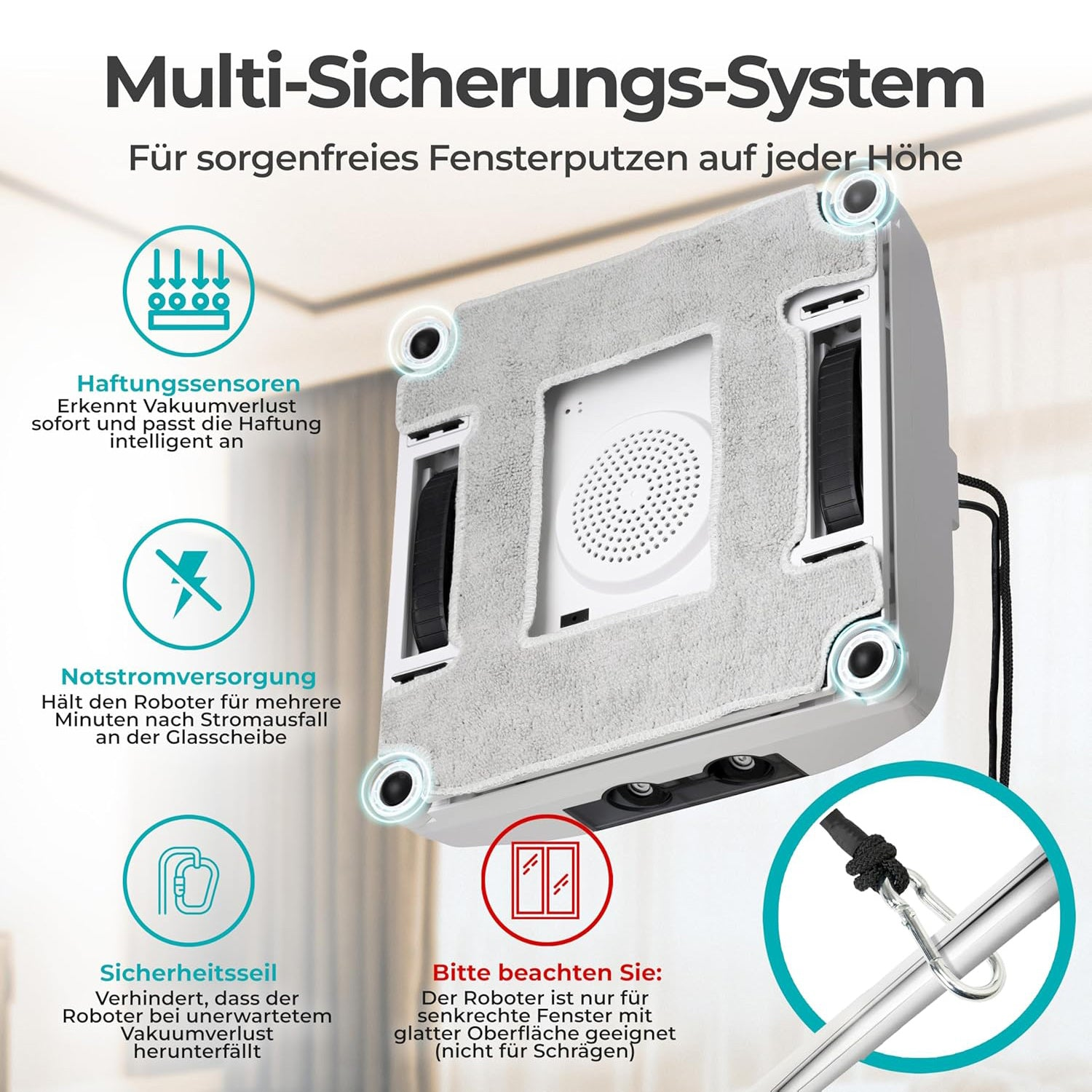 Ein Fensterputzroboter mit Sicherheitsfunktionen, Saugkraftsensoren, Notstrom und Sicherungsseil.