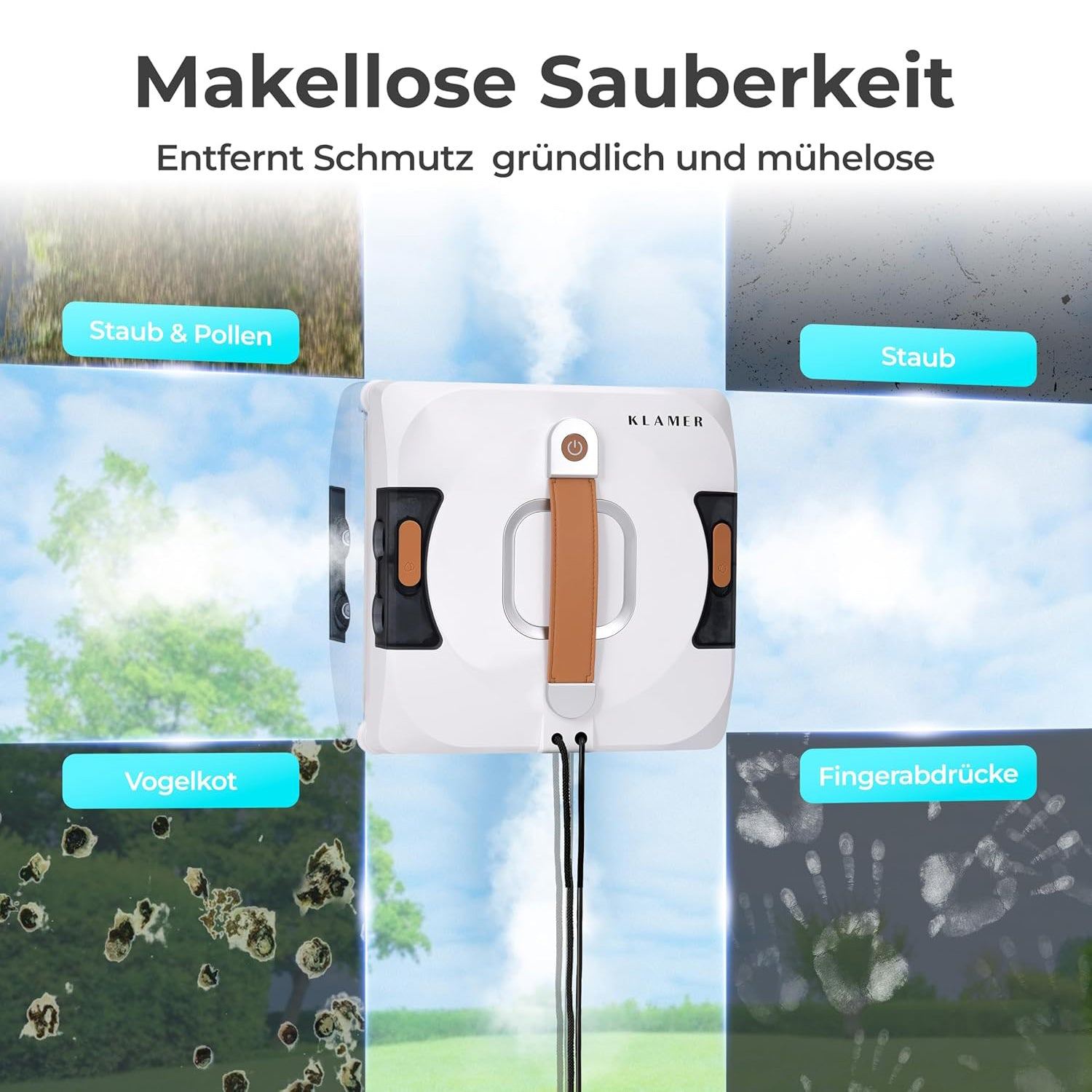 Ein weißer Klamer Fensterreinigungsroboter reinigt schmutzige Glasflächen mit verschiedenen Fleckenarten.