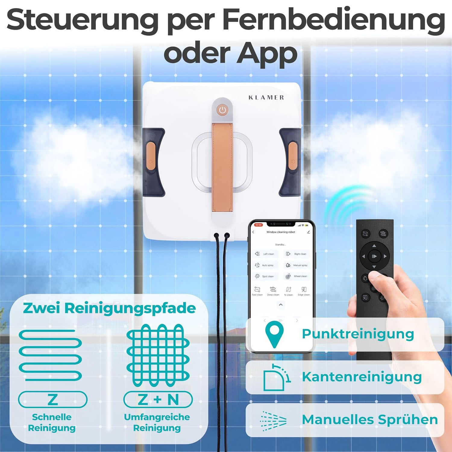Ein weißer Fensterreinigungsroboter reinigt eine Scheibe, gesteuert per App oder Fernbedienung.