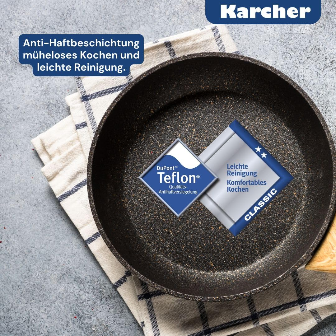 Une poêle en téflon noire sur un torchon et une surface en pierre, avec des textes publicitaires.
