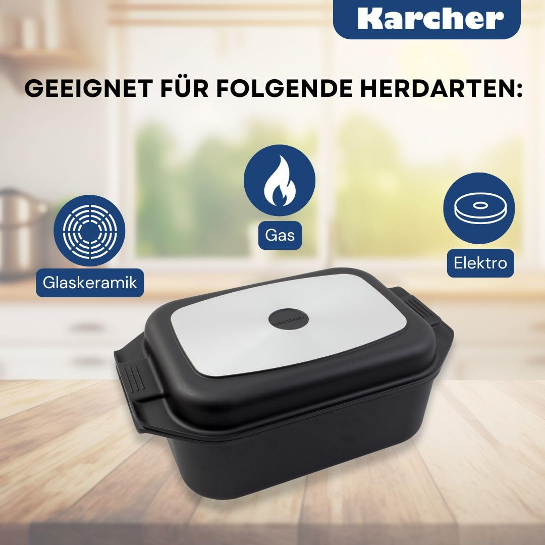Cocotte noire Karcher avec couvercle argenté sur bois, avec icônes vitrocéramique, gaz et électrique.