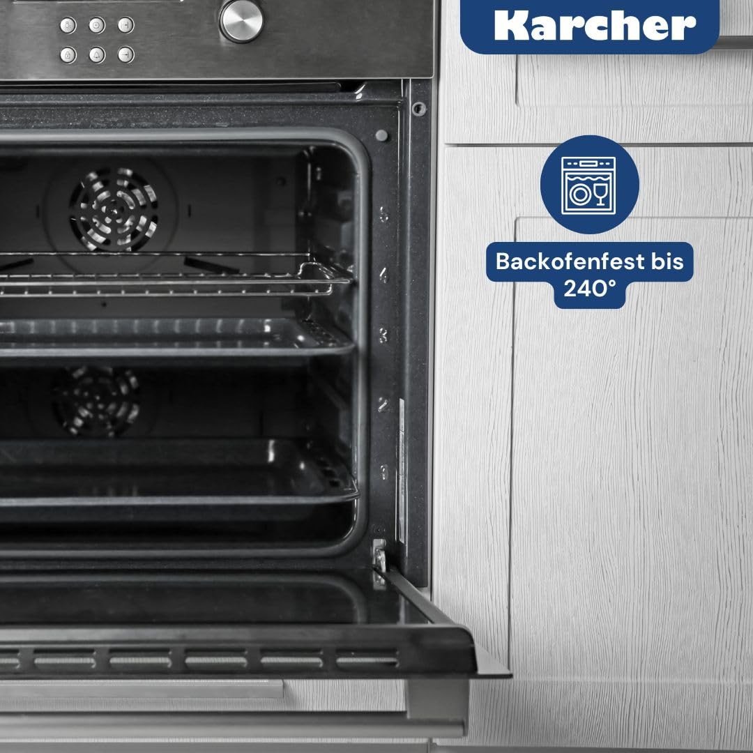 Four ouvert avec des étagères et logo Karcher avec le texte Backofenfest bis 240 degrés.