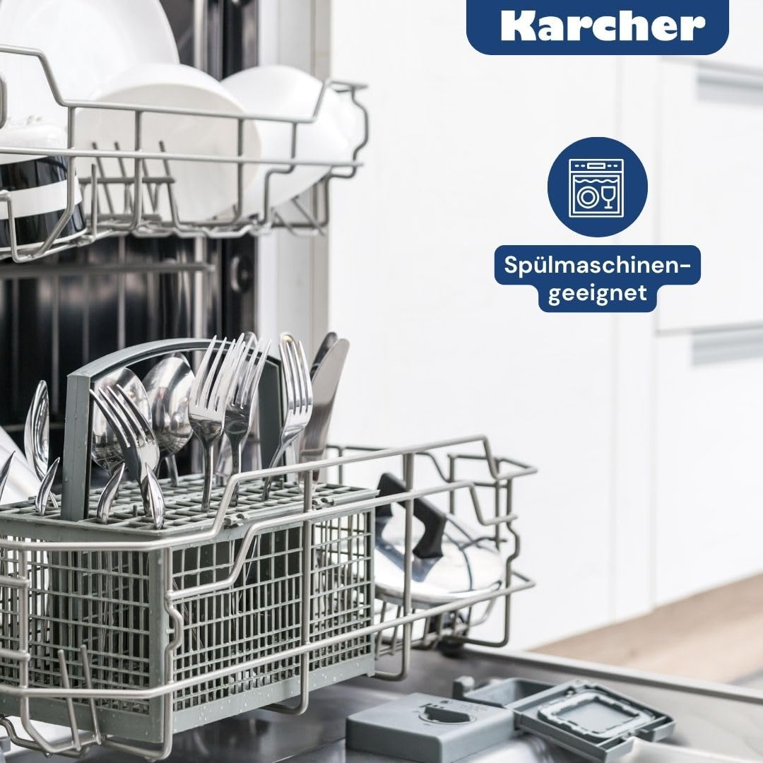 Lave-vaisselle avec des paniers remplis d'assiettes, de couverts et de casseroles, logo Kärcher et icône lavable.