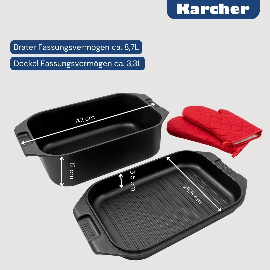 Plat à rôtir noir avec couvercle, dimensions et gants rouges.