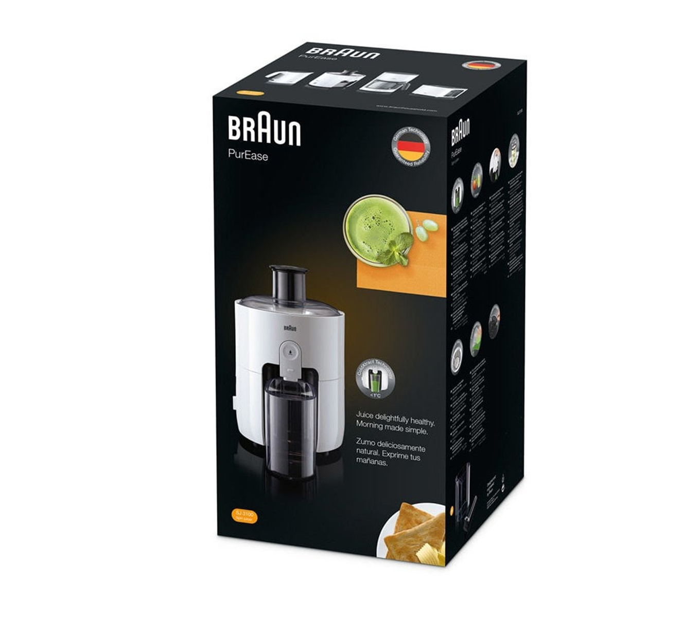 Scatola della centrifuga bianca Braun PurEase con immagini di succo e toast.