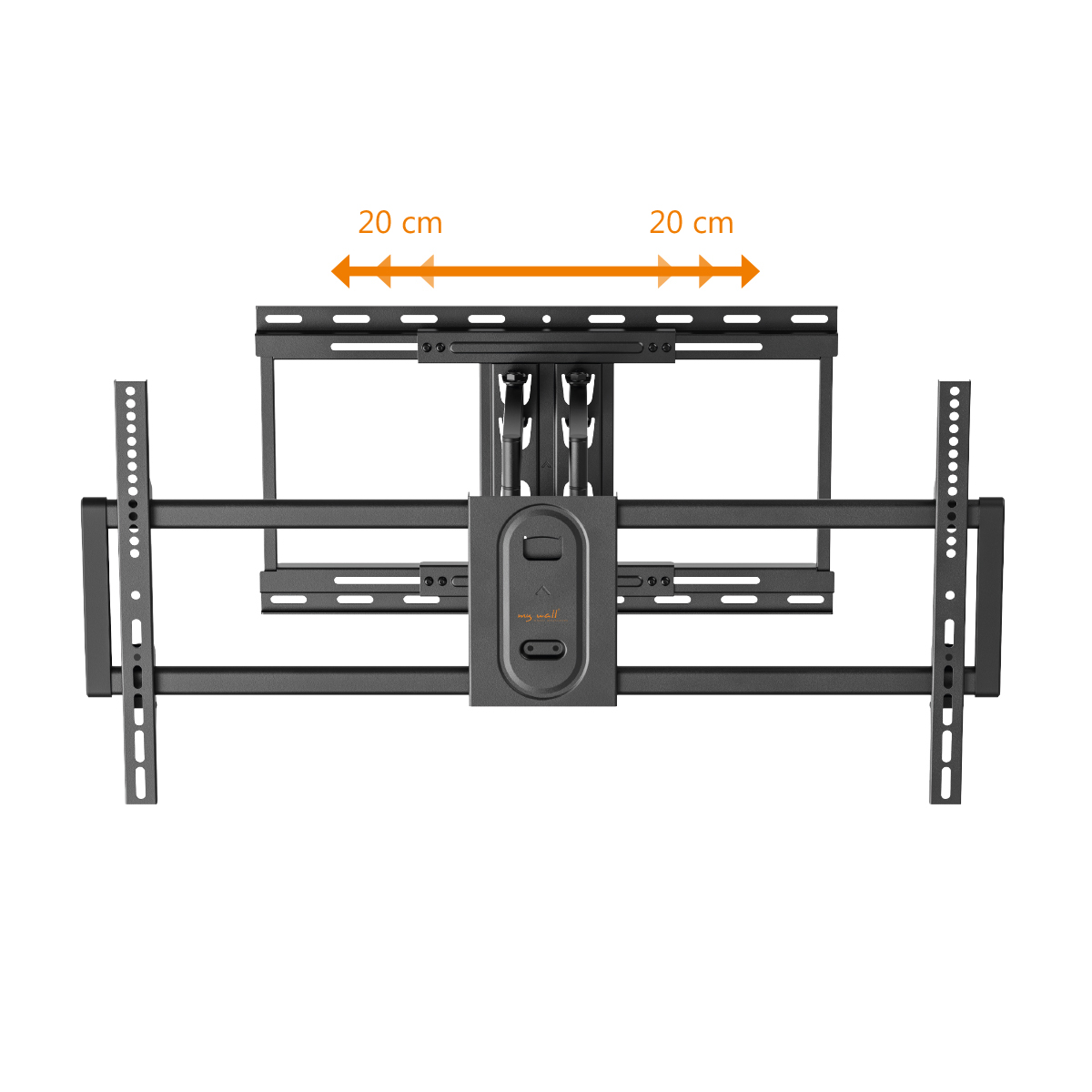 Un supporto da parete nero articolato per TV con frecce arancioni che indicano 20 cm.