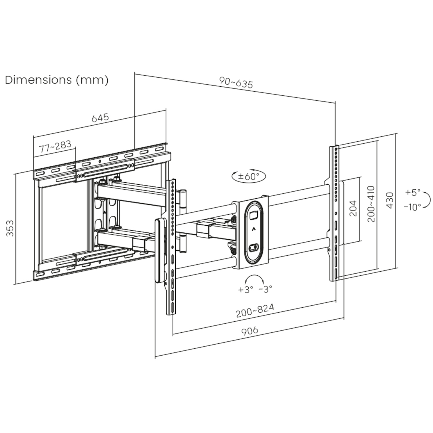 Disegno tecnico di un supporto a parete estensibile per TV con misure in millimetri.