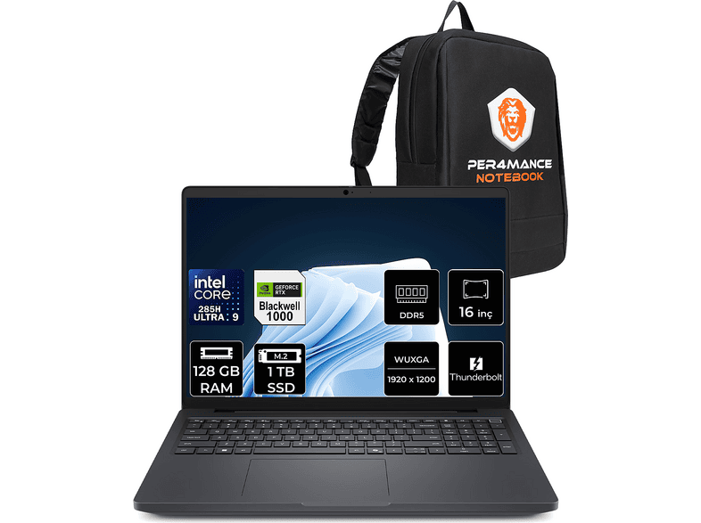 DELL Pro Max 16 RTX Pro 1000 8GB FHD+ MC16250P357 Intel Core Ultra 9 285H 128 GB RAM 1 TB SSD 16 inç FreeDOS Laptop+Çanta Siyah