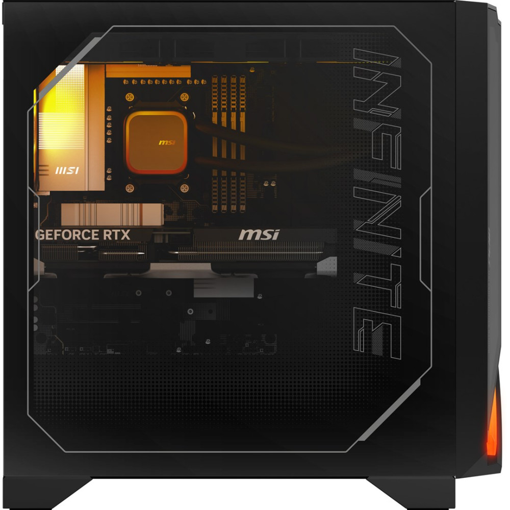 Czarna obudowa PC MSI z pomarańczowym podświetleniem, kartą GeForce RTX i napisem INFINITE.