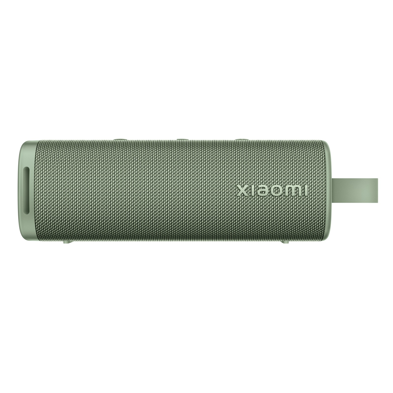 Ein zylindrischer, olivgrüner Xiaomi Bluetooth-Lautsprecher mit Stoffbezug und einer Trageschlaufe auf weißem Hintergrund.