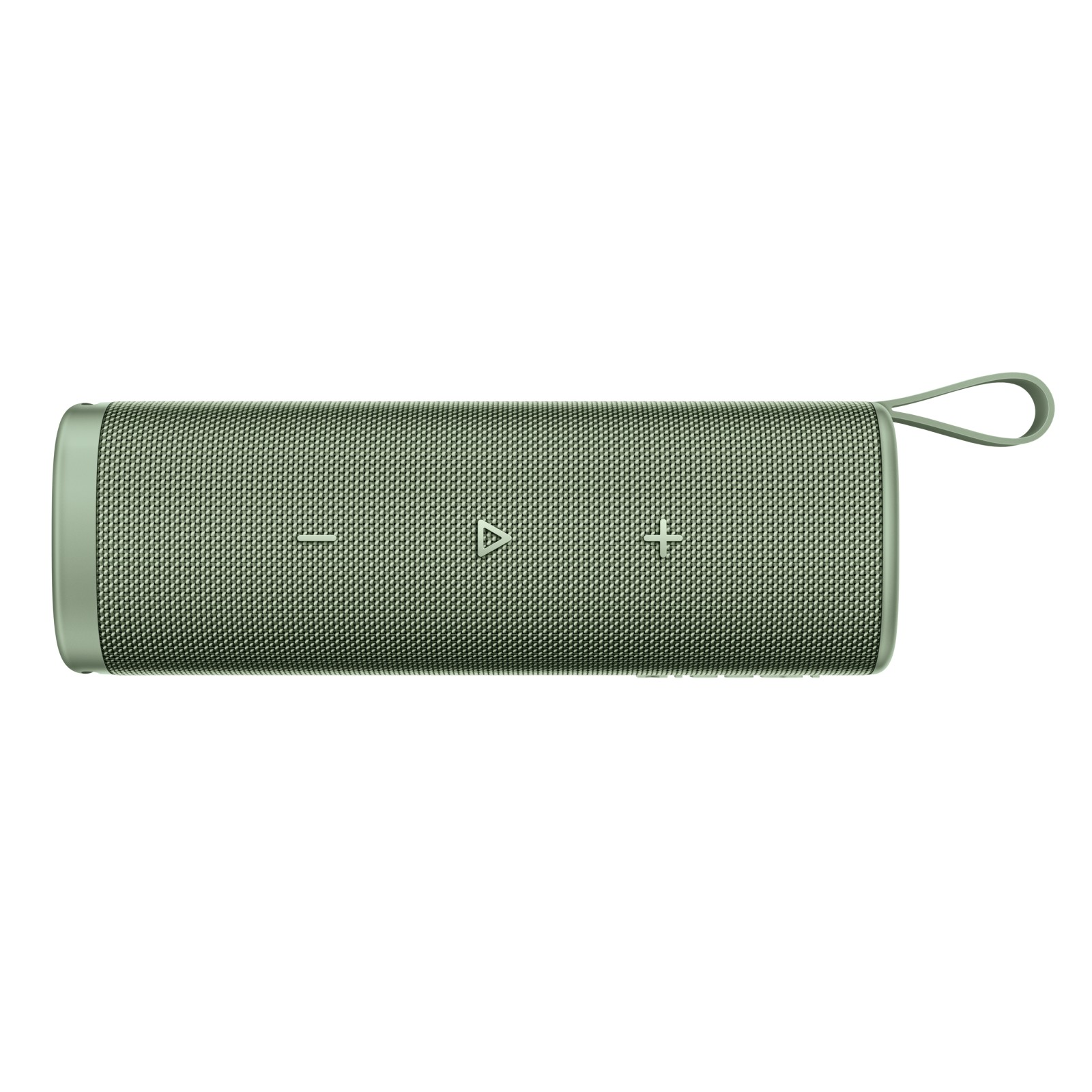 Ein zylindrischer, olivgrüner Bluetooth-Lautsprecher mit integrierten Steuertasten und einer Trageschlaufe.