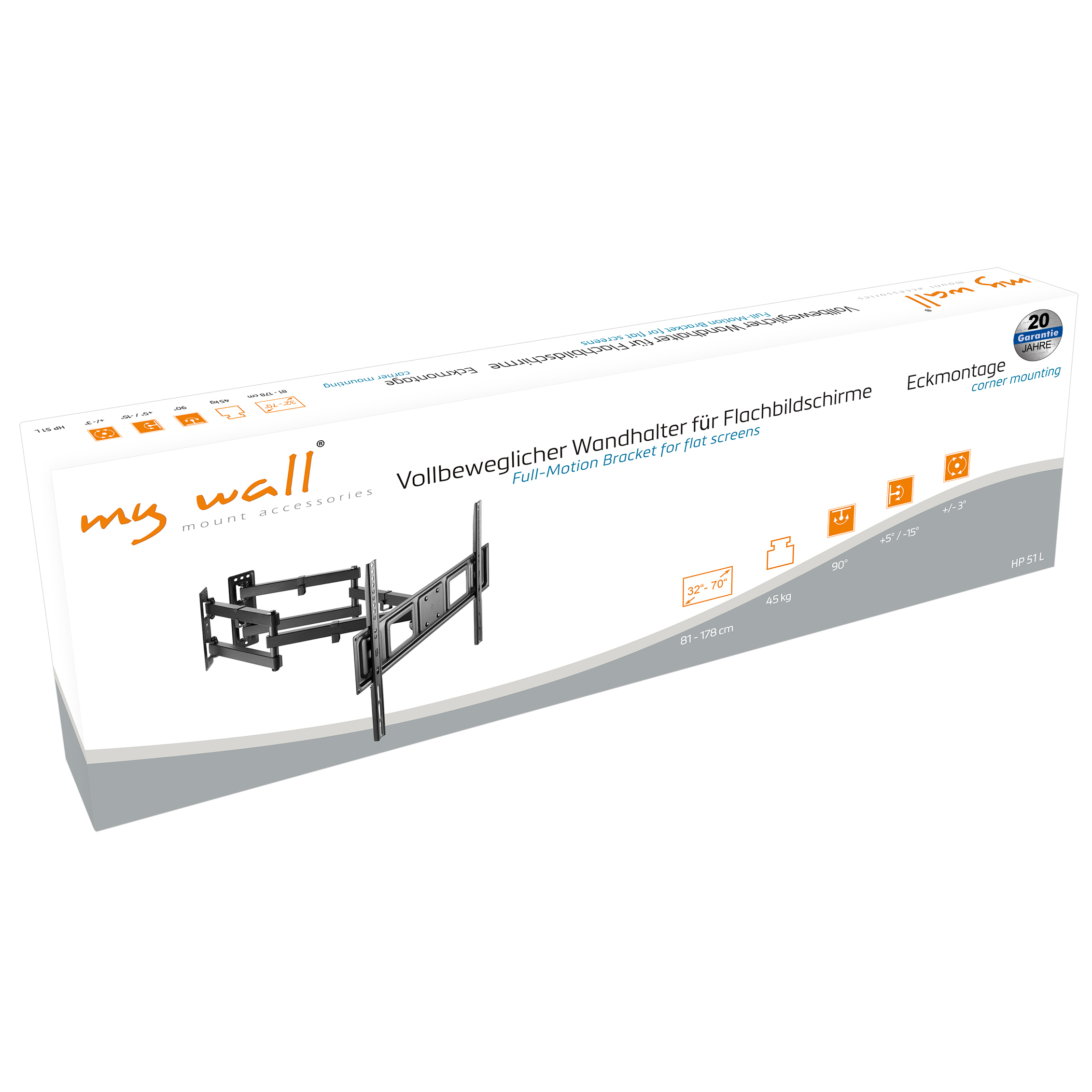Produktverpackung eines vollbeweglichen TV-Wandhalters für Flachbildschirme in Weiß und Orange.