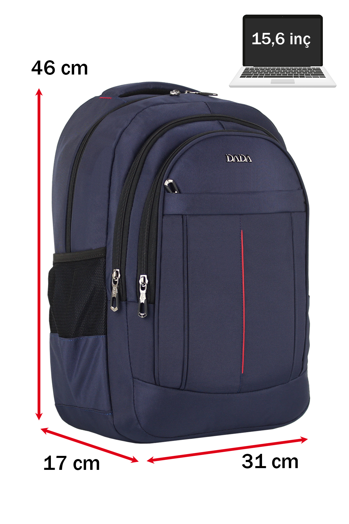 46x31x17 cm ölçülerinde ve 15.6 inç laptop sığabilen mavi sırt çantası.