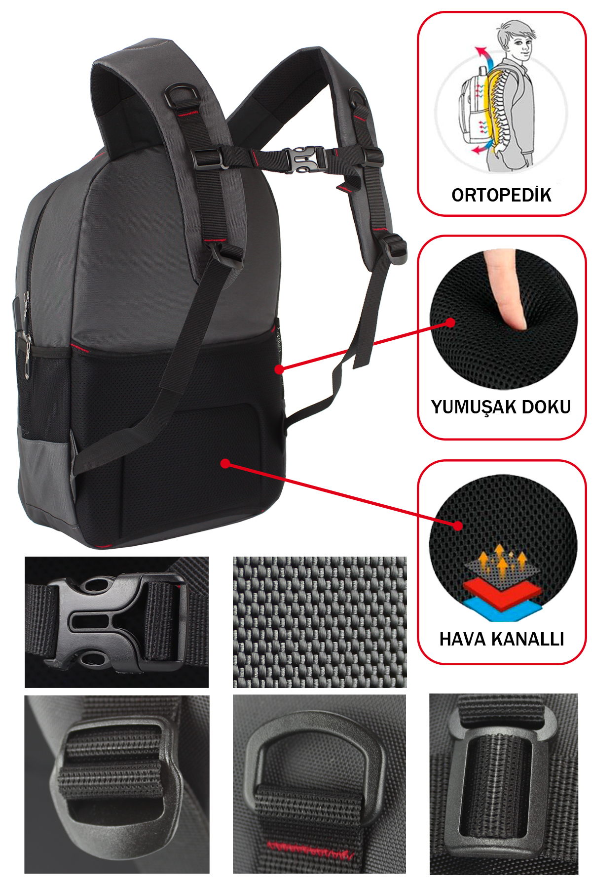 Ortopedik sırt, yumuşak doku ve hava kanalları detaylarını gösteren gri renkli sırt çantası.