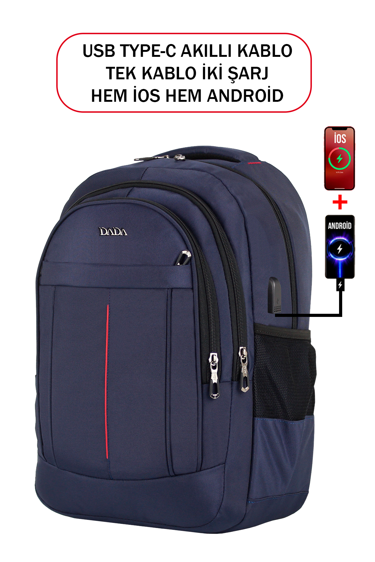 iOS ve Android için USB portlu, DADA logolu ve kırmızı çizgili mavi sırt çantası.