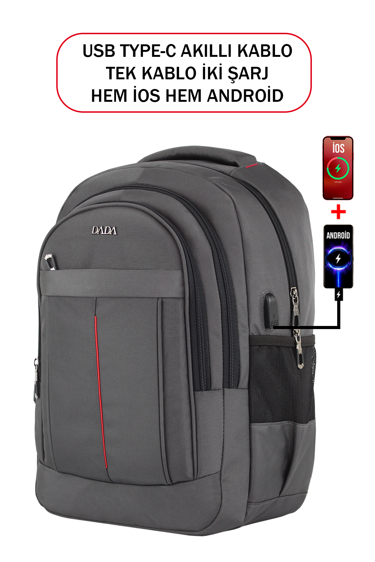 Kırmızı şeritli, yan USB portlu ve telefon şarj illüstrasyonlu gri DADA sırt çantası.