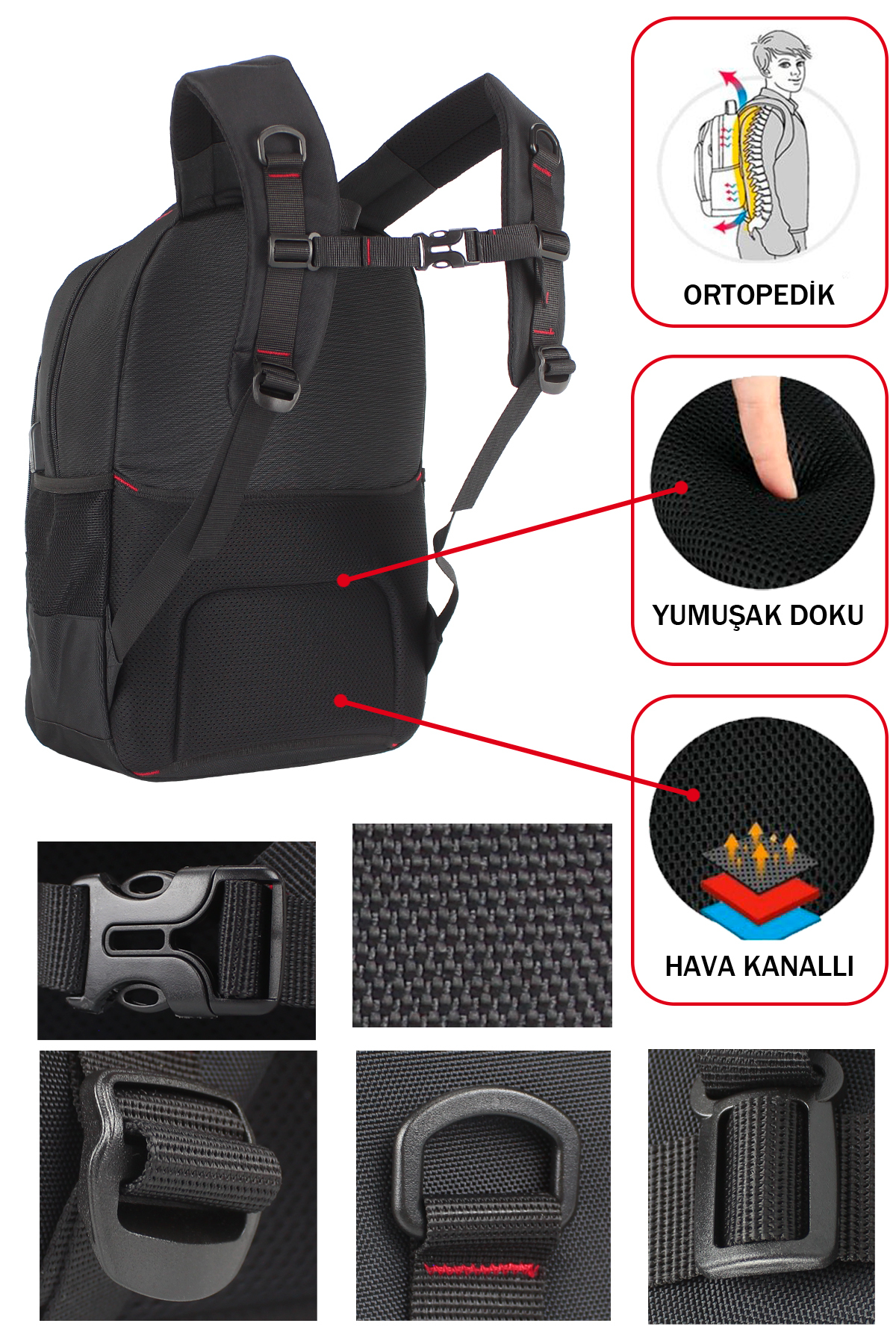 Ortopedik dolgulu, yumuşak fileli, hava kanallı ve tokalı siyah sırt çantası.