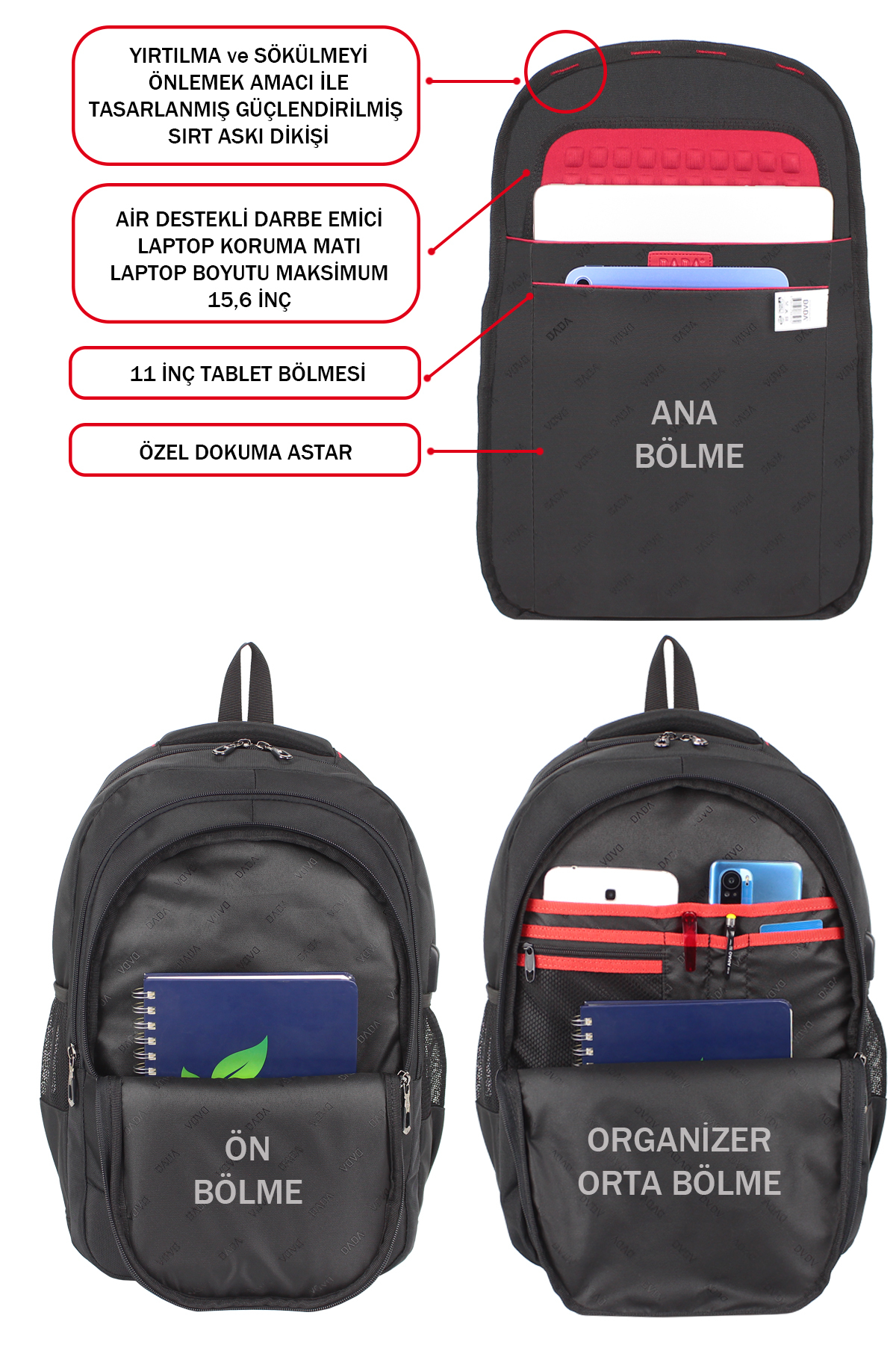 Birden fazla bölmesi, laptop alanı ve düzenleyici cepleri olan siyah sırt çantası.